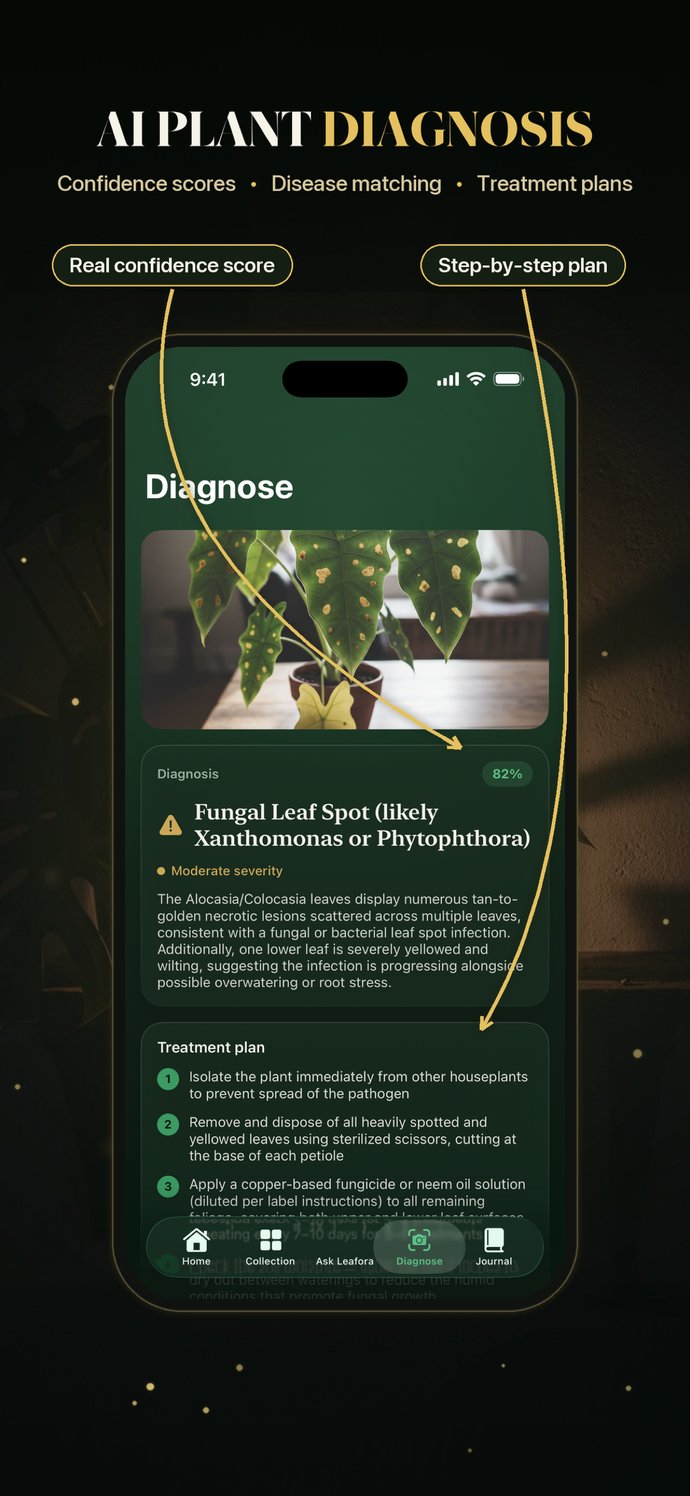 AI plant diagnosis in Leafora — disease matching with a step-by-step treatment plan