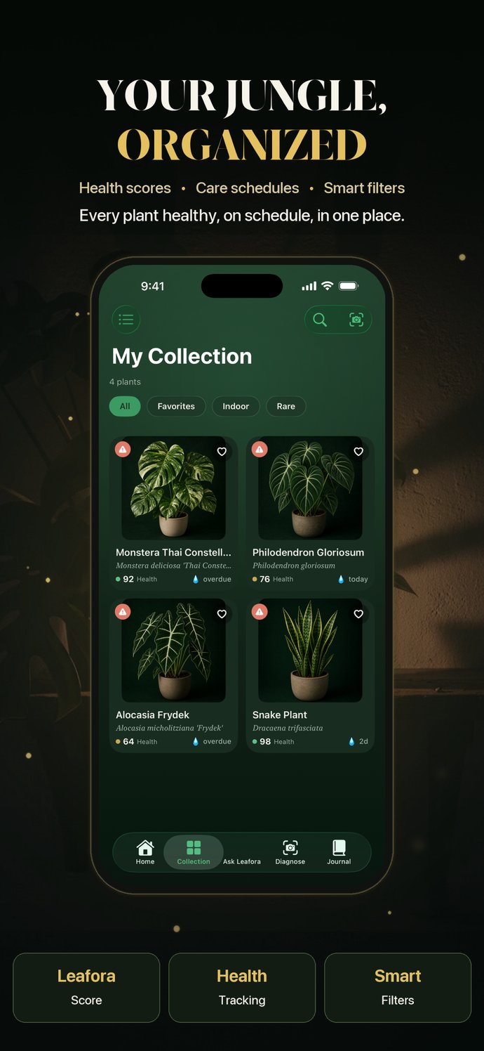 Your plant collection organized in Leafora with health scores and smart filters