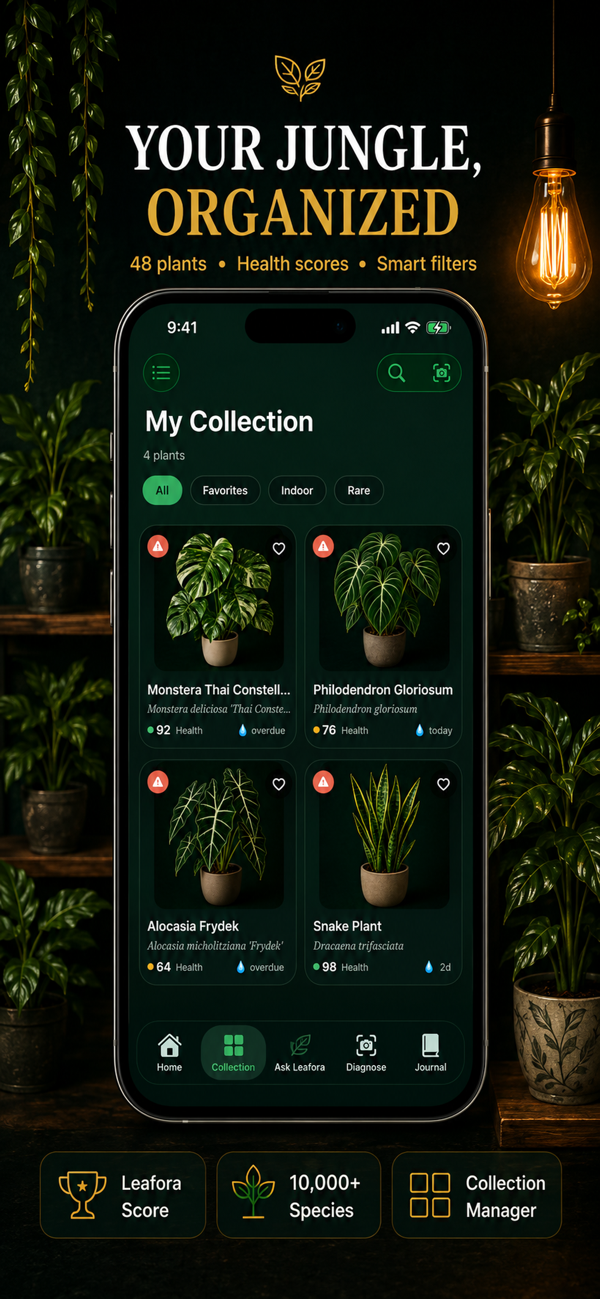 Plant collection organized by room and health